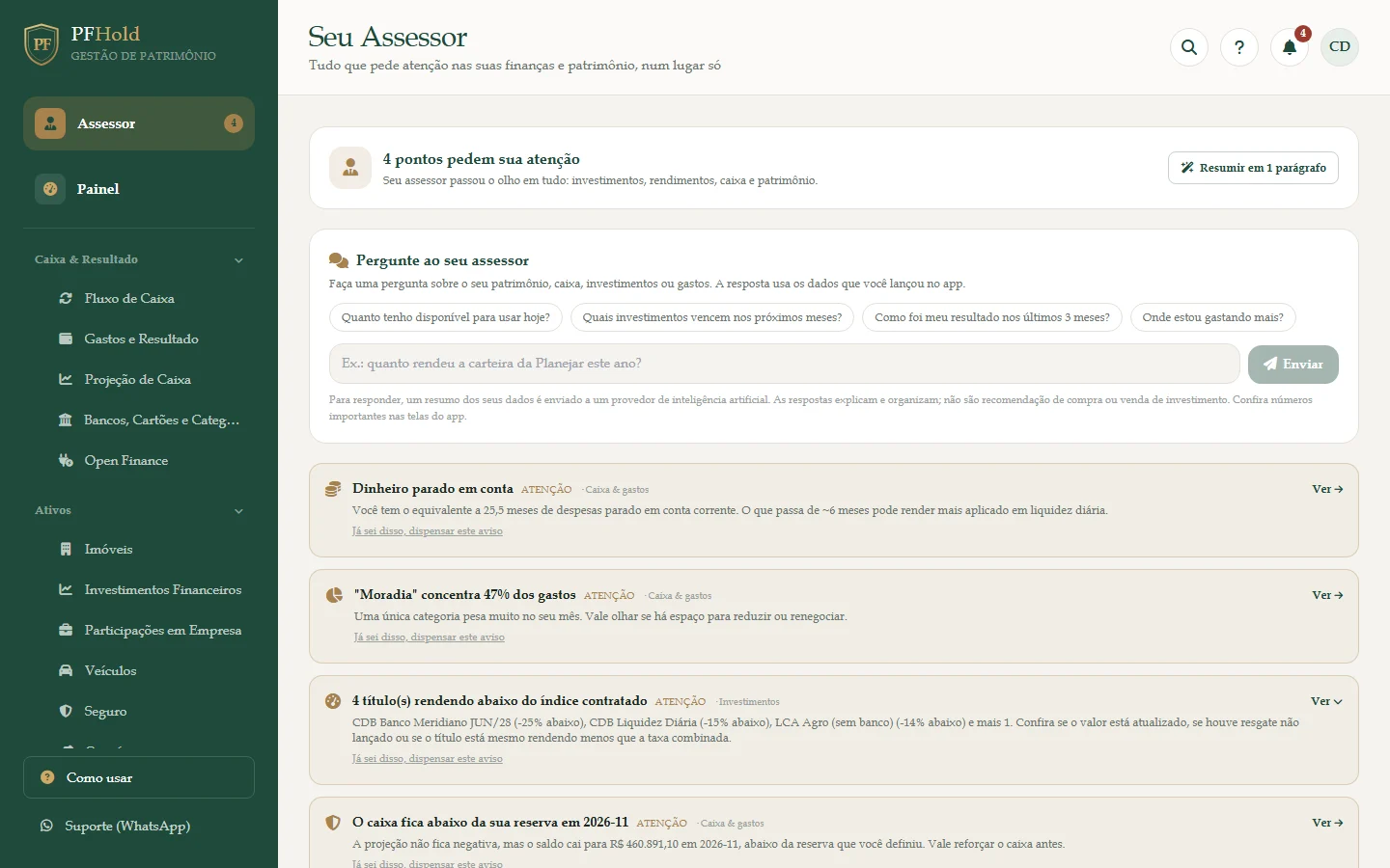 Avisos do Assessor e o campo para fazer perguntas.