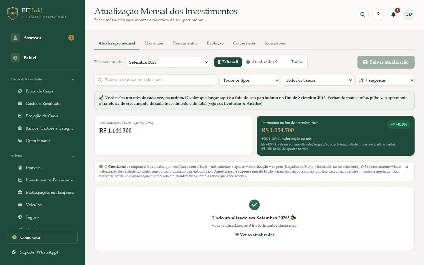 Atualização mensal com o patrimônio do mês e a variação.