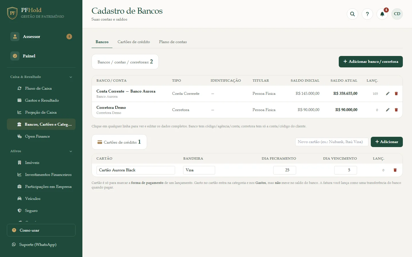 Cadastro de bancos, com o saldo inicial e o saldo atual de cada conta.