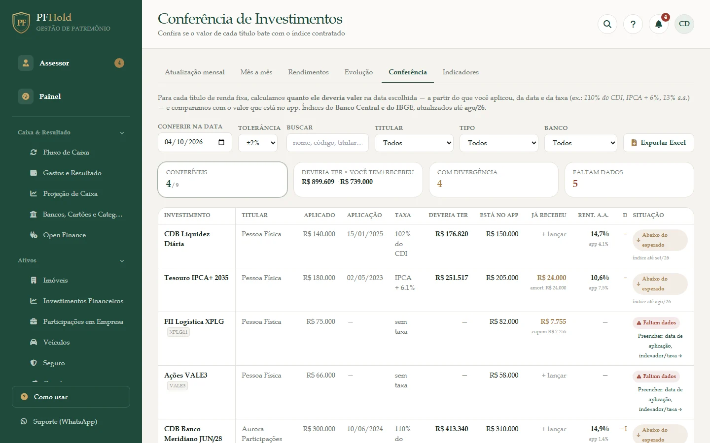 Conferência: quanto deveria ter, quanto está no app e a situação.