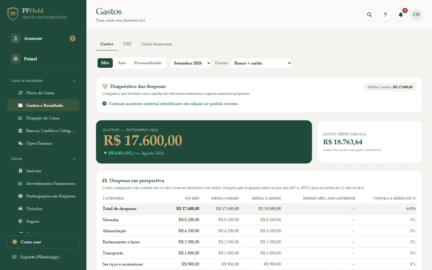 Diagnóstico das despesas e a tabela Despesas em perspectiva.
