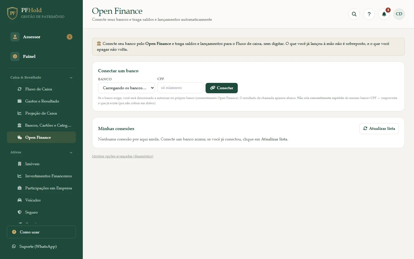 Tela do Open Finance: conectar um banco e ver as conexões.