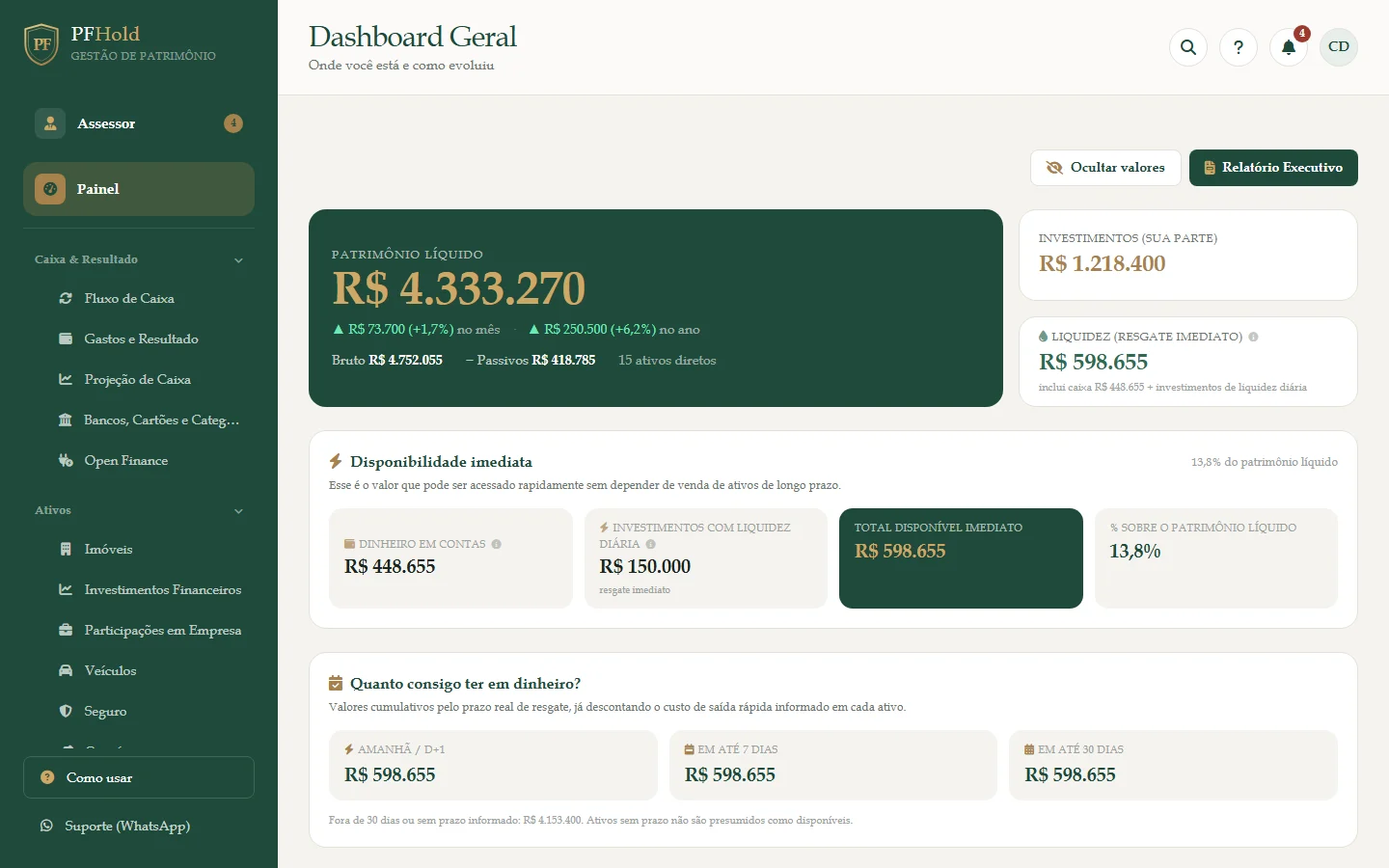 Patrimônio líquido, investimentos e liquidez no topo do Painel.