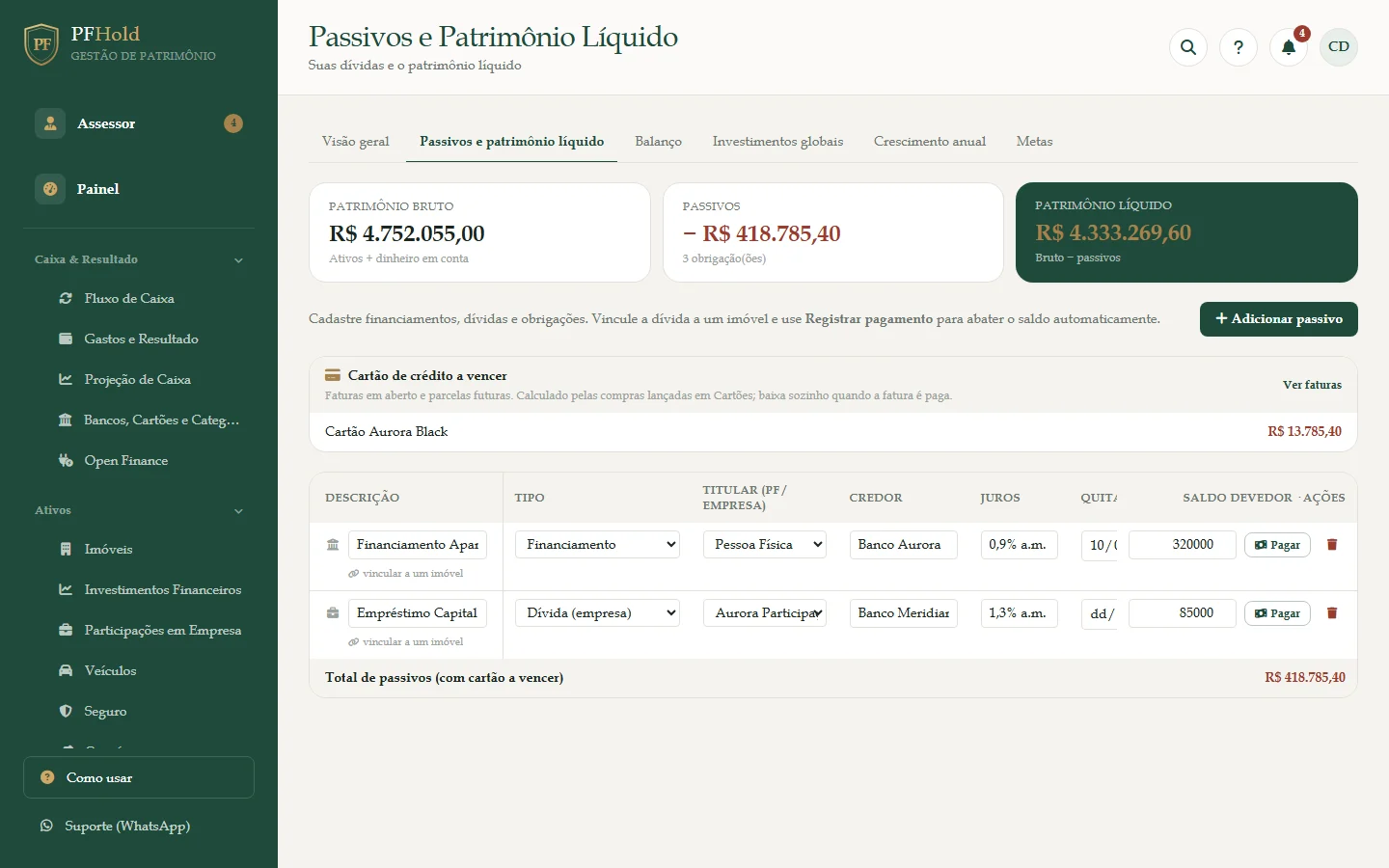 Lista de passivos com saldo devedor e o botão Pagar.