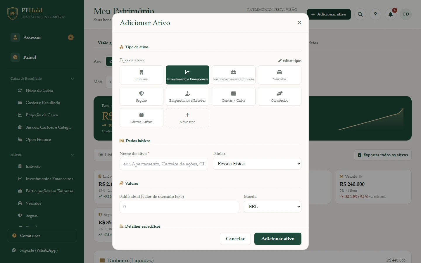 Janela Adicionar ativo com os tipos disponíveis.