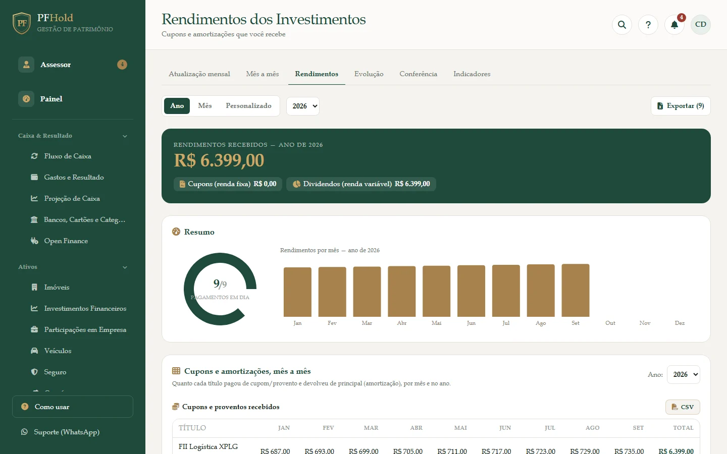 Rendimentos do ano, pagamentos em dia e a tabela mês a mês.